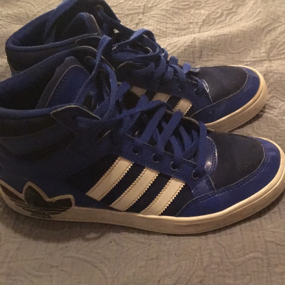 A blue and white Adidas shoe